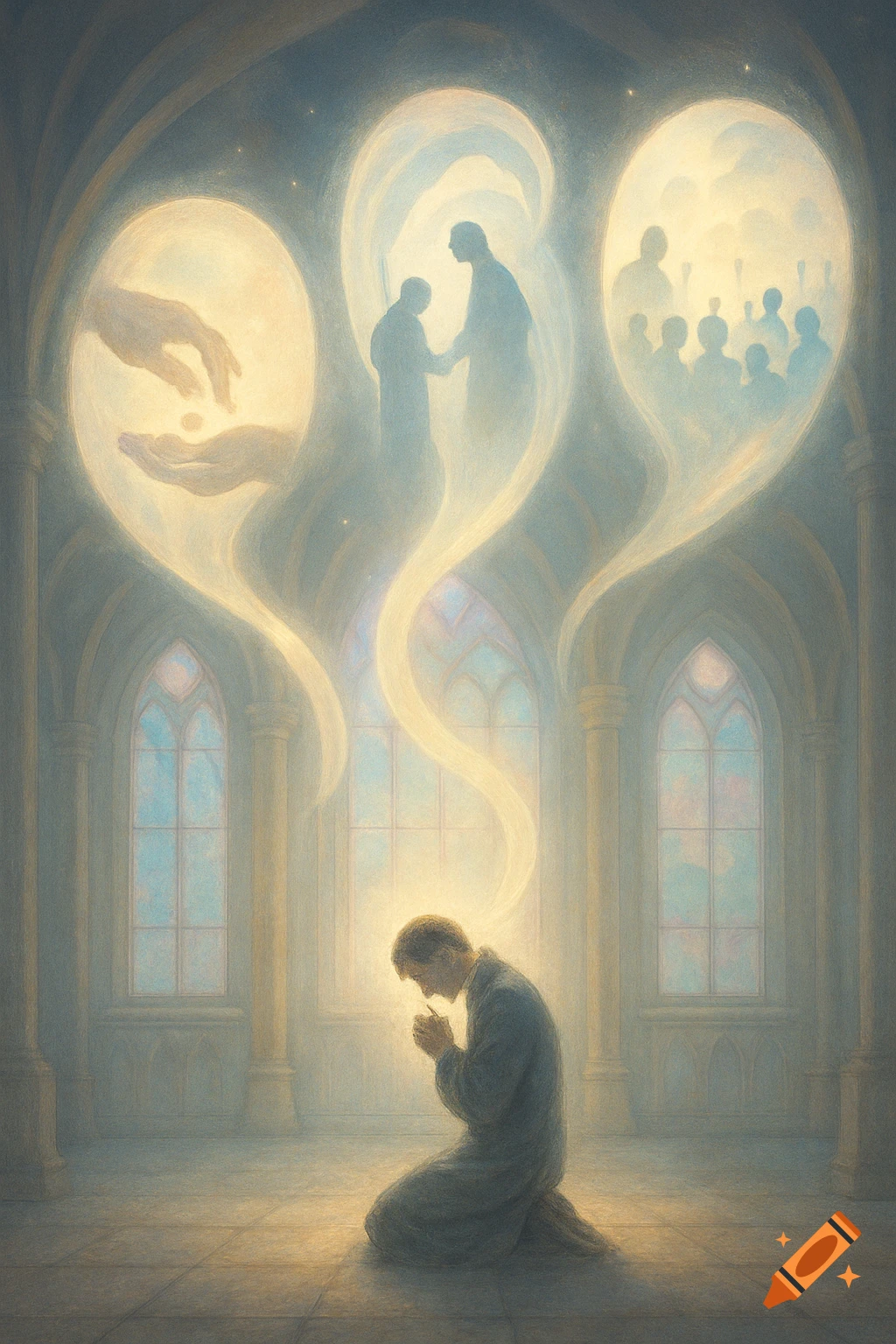 A man kneels in prayer in a glowing church, with ethereal visions of spiritual acts like giving and fellowship rising above him.
