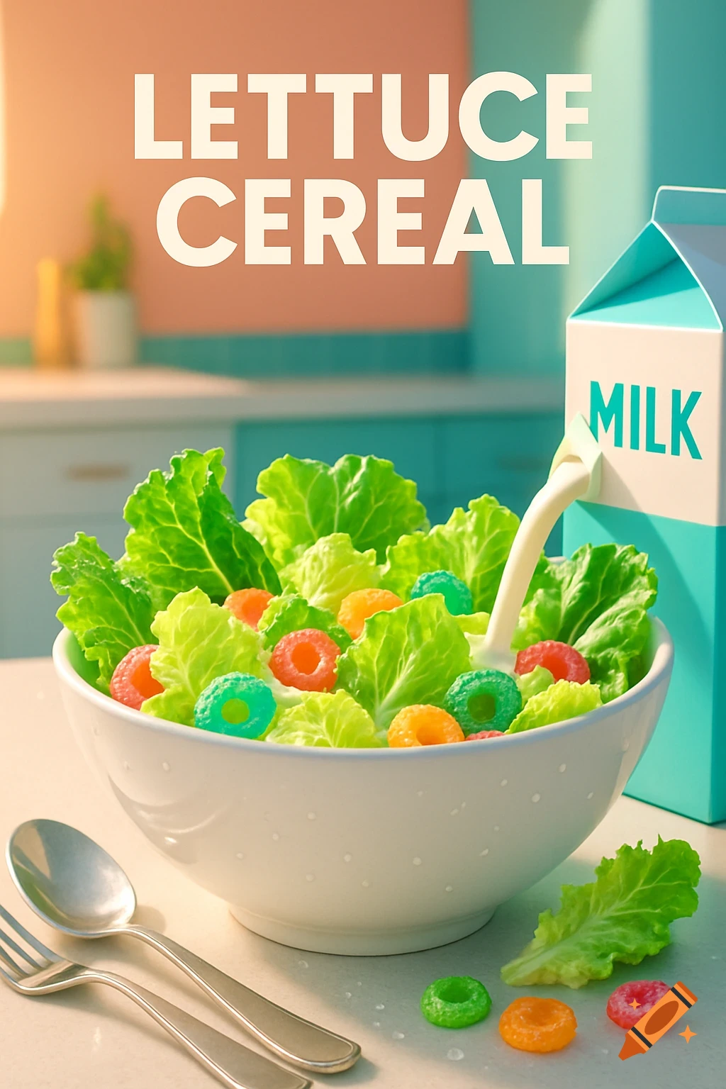 Bright, photorealistic ad for 'LETTUCE CEREAL' featuring a bowl of green lettuce and colorful cereal rings with milk pouring.