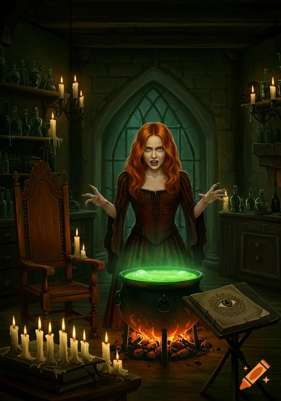 A red-haired witch with an angry expression stands over a bubbling green cauldron in a dark, candlelit stone room, with a spellbook nearby.