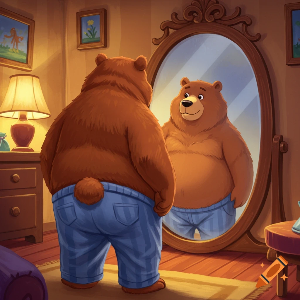 A cartoon bear in blue pajama pants looks over its shoulder at its reflection in a large ornate mirror, smiling.