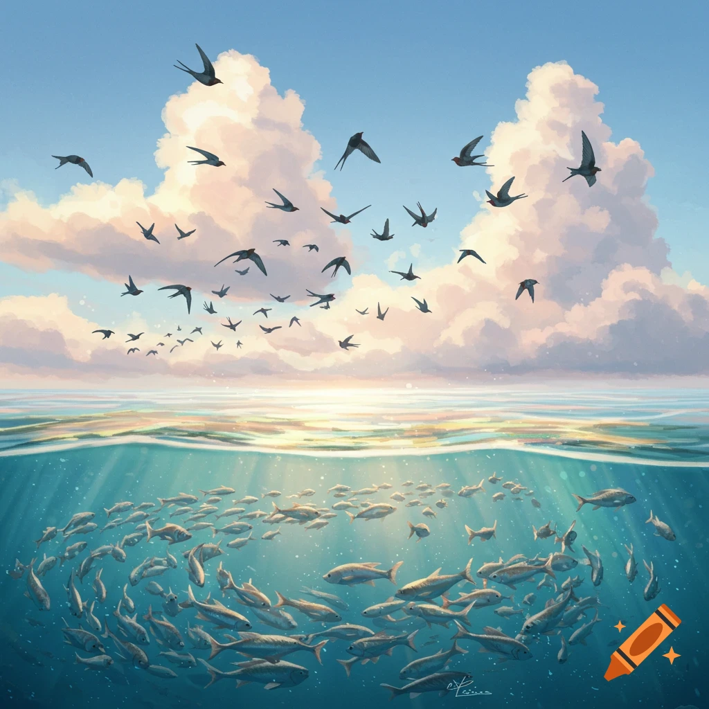 An illustration of a serene ocean scene with birds flying in the sky and a large school of fish swimming underwater.
