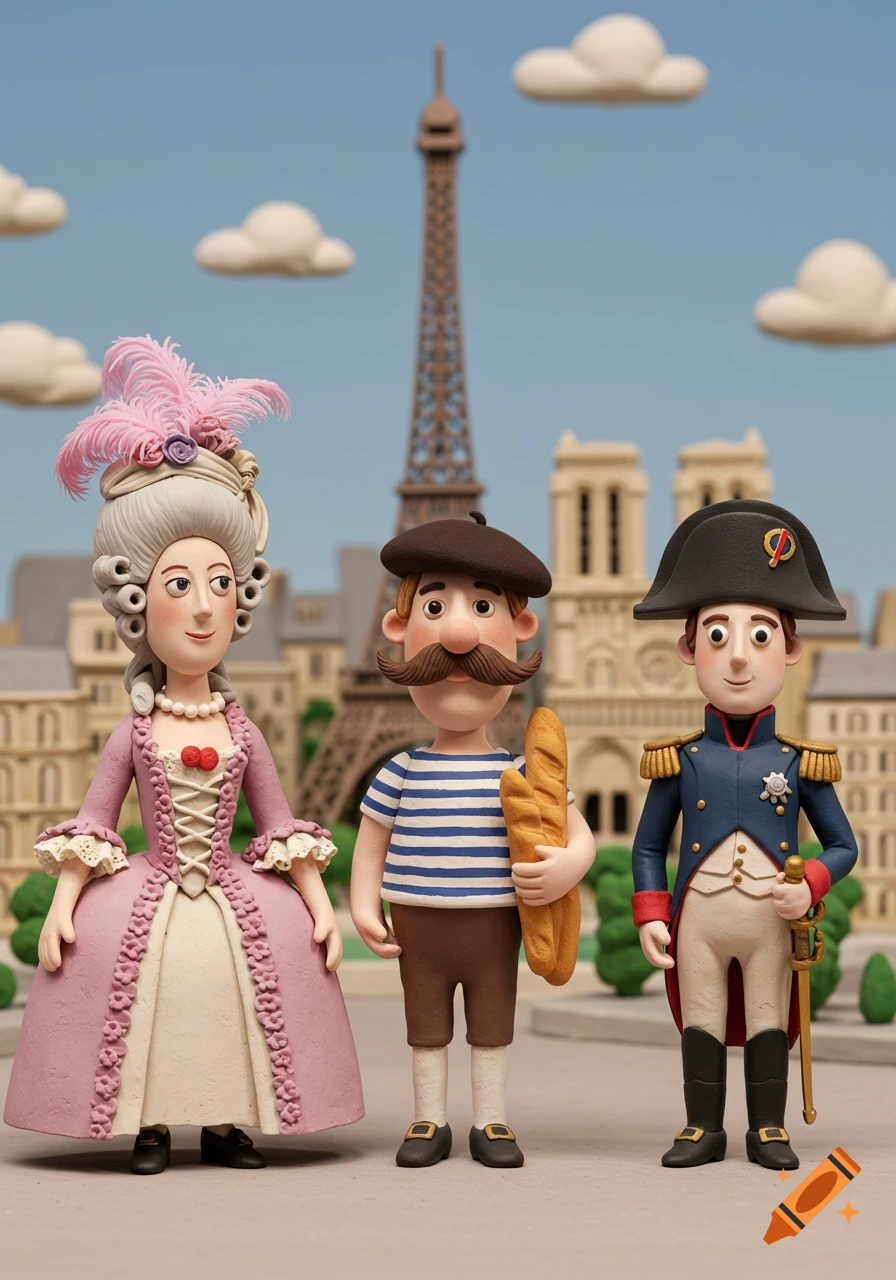 A claymation scene with Marie Antoinette, a Frenchman with a baguette, and Napoleon in front of Parisian landmarks.