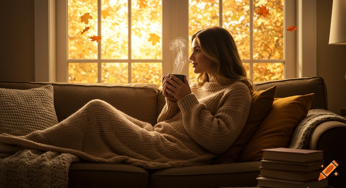 A woman on a couch wrapped in a blanket, holding a steaming mug, looking at autumn leaves outside a window.