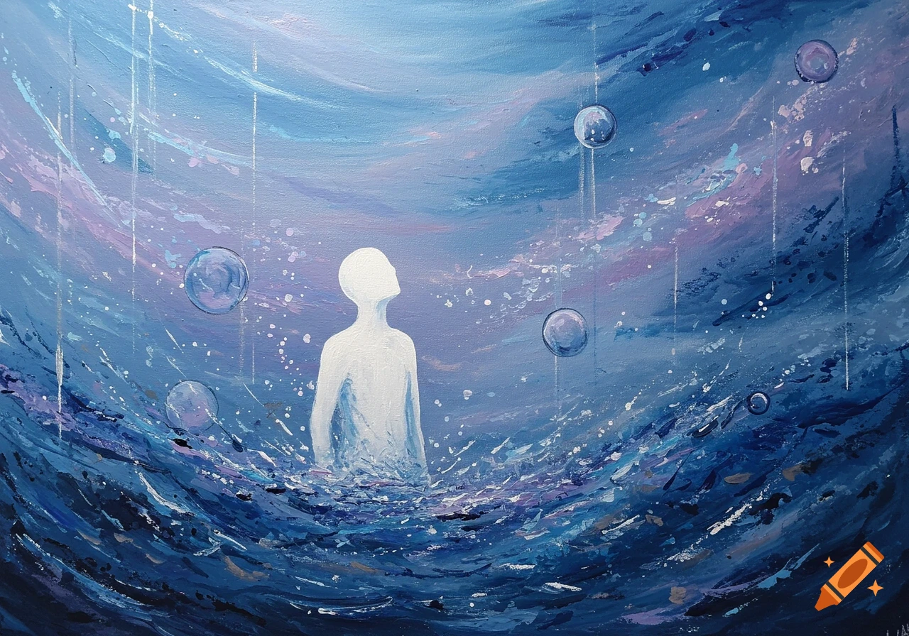Abstract acrylic painting of a white human silhouette submerged in blue swirling water, looking up at a starry sky with bubbles.