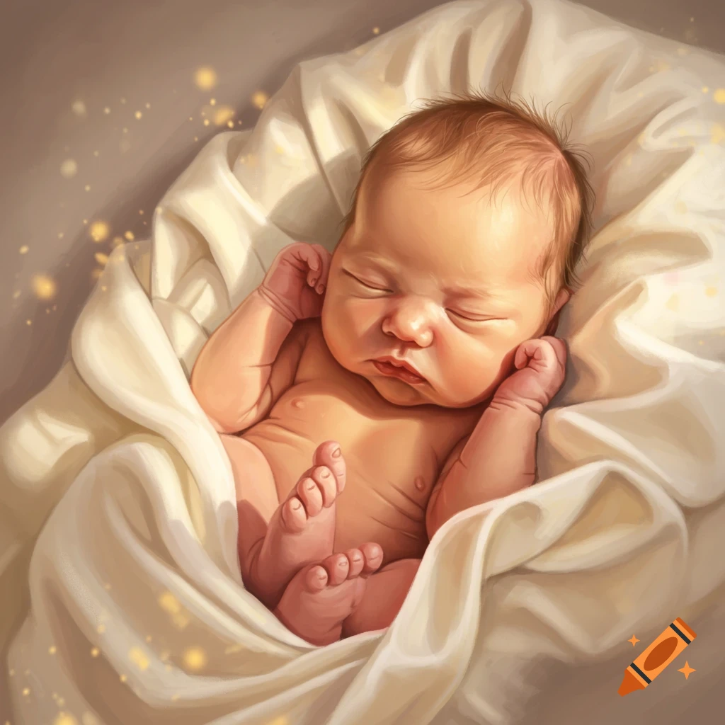 A sleeping newborn baby peacefully wrapped in soft white fabric, bathed in warm light with golden sparkles, in a painted style.