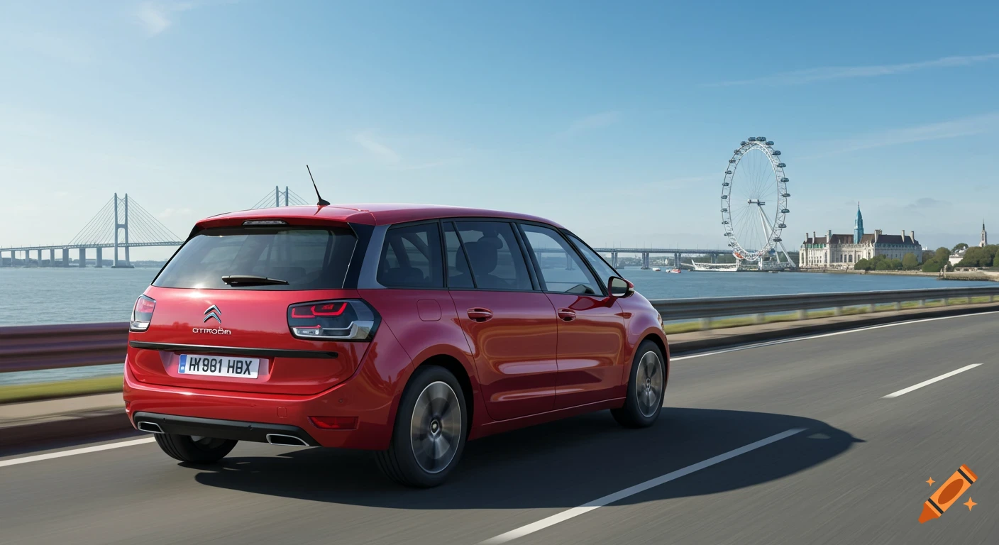 A red Citroën C4 Picasso drives on a coastal road with a bridge and the London Eye in the background under a clear sky.