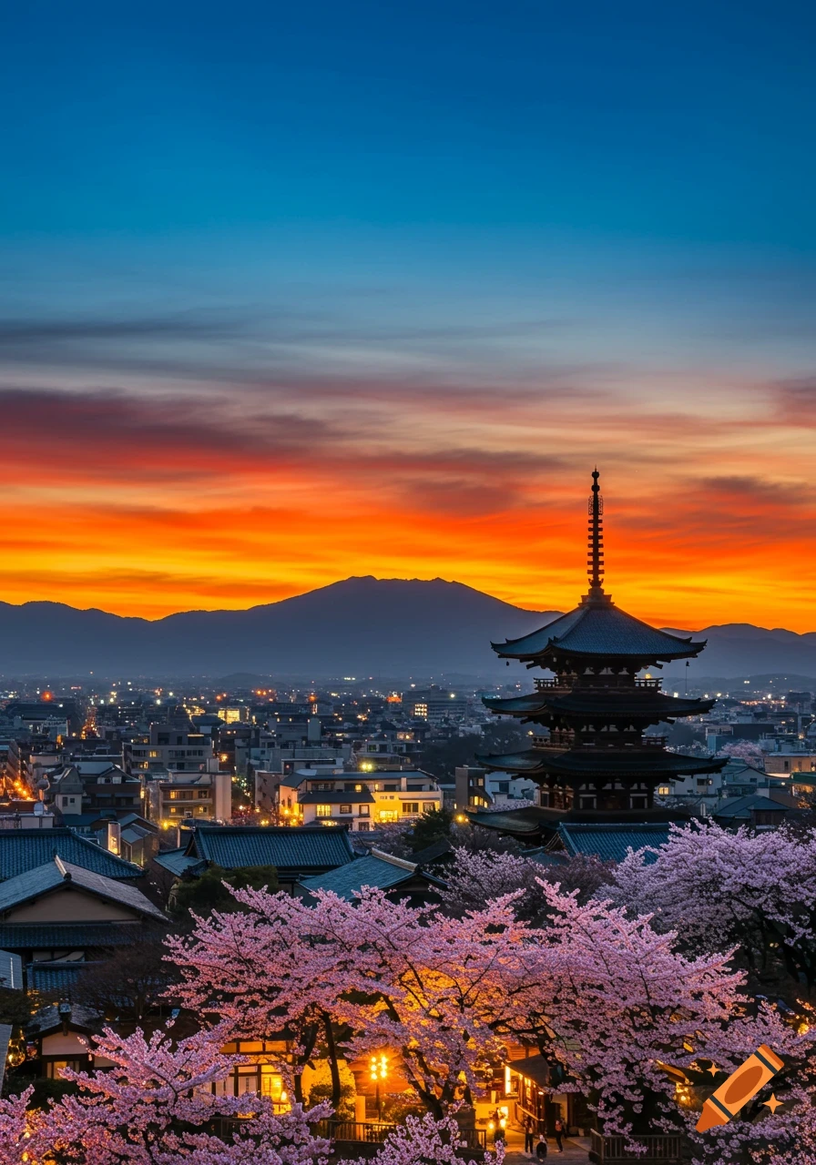 A vibrant sunset over a Japanese city, featuring a pagoda, mountains, and pink cherry blossoms in the foreground.