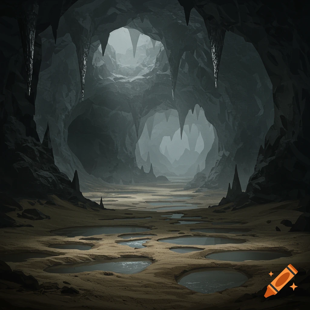 A dark, atmospheric cave interior with hanging stalactites, sandy ground, and numerous pools of water reflecting light.