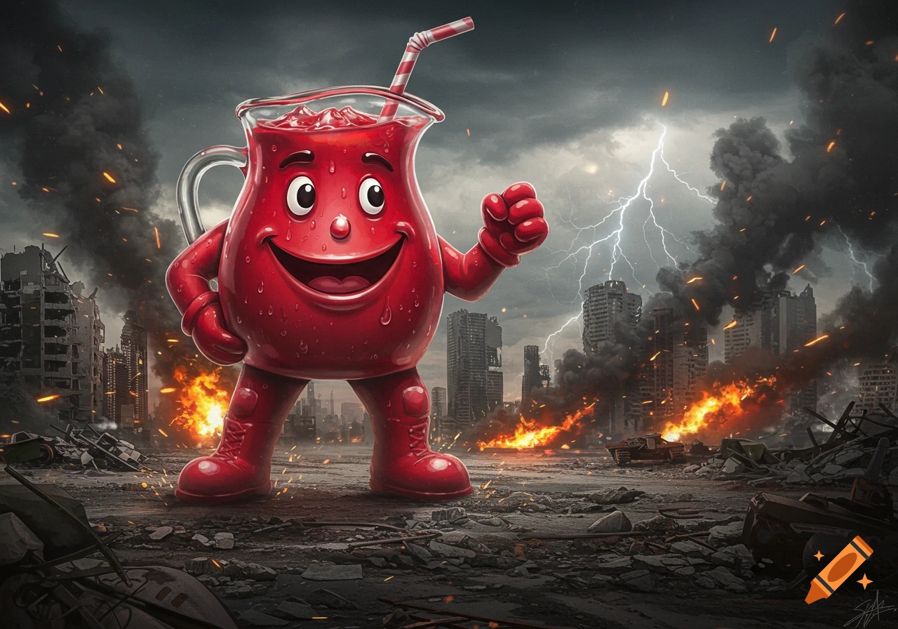 The smiling Kool-Aid Man stands tall in a post-apocalyptic city engulfed in fire and lightning.
