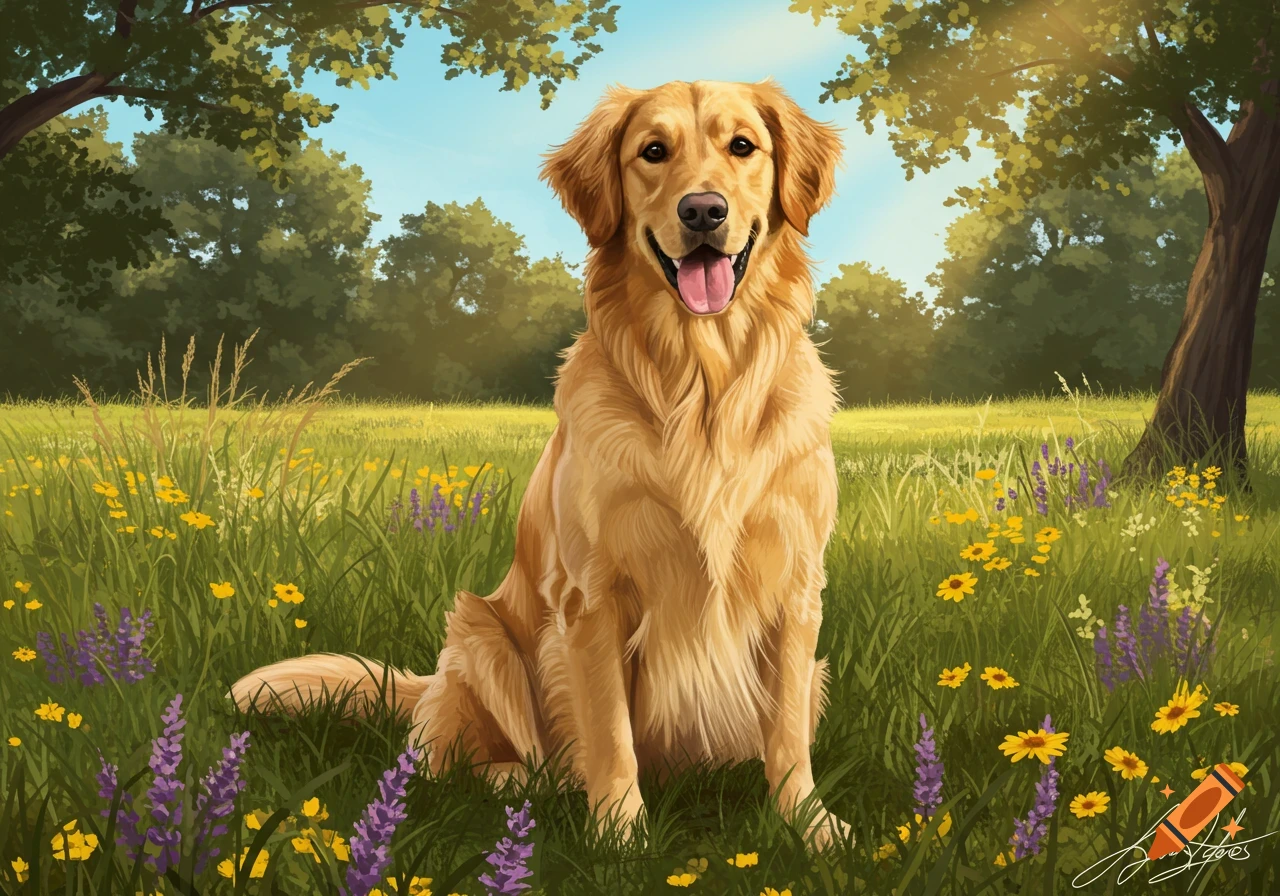 An illustration of a golden retriever sitting in a field of yellow and purple wildflowers under a bright sky.