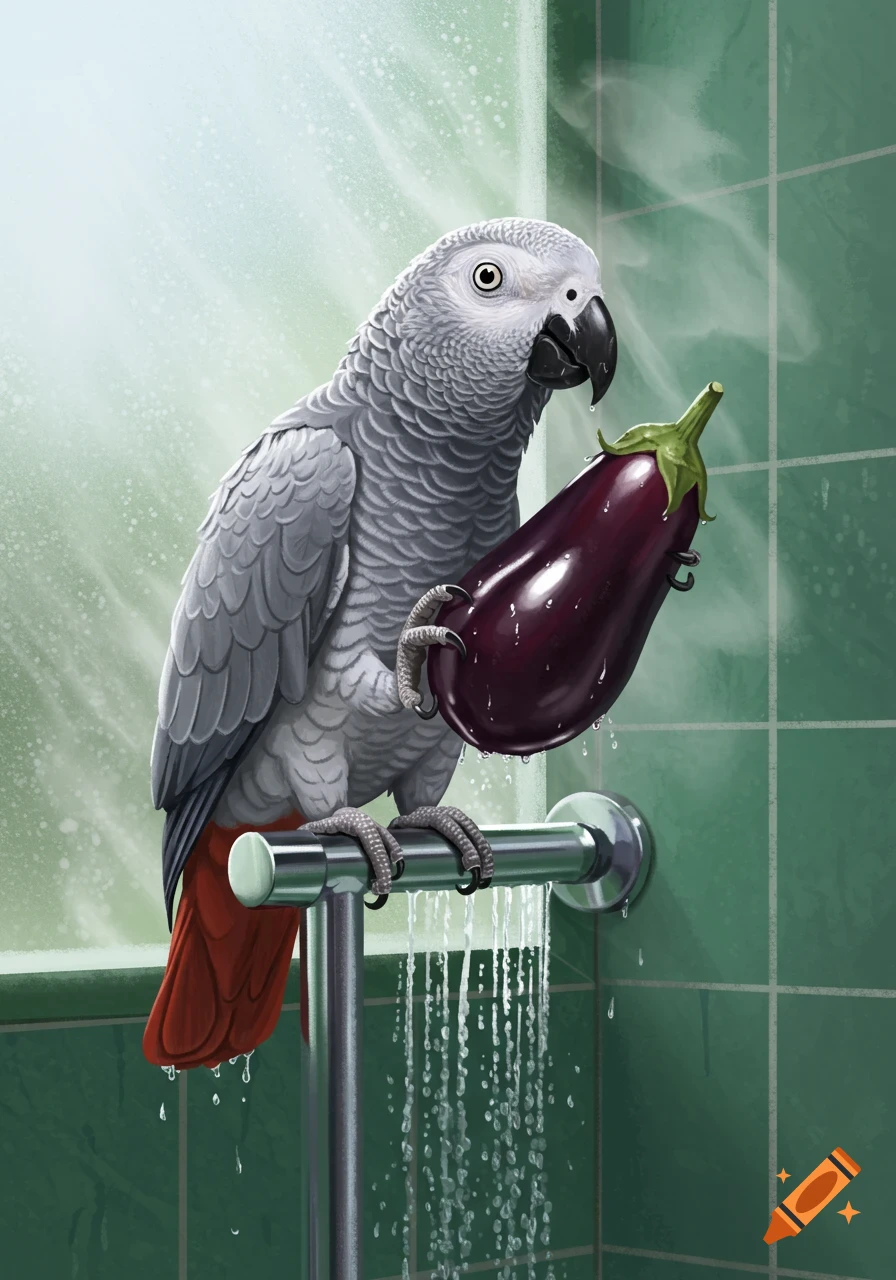 Digital painting of an African gray parrot holding a wet eggplant in a shower.
