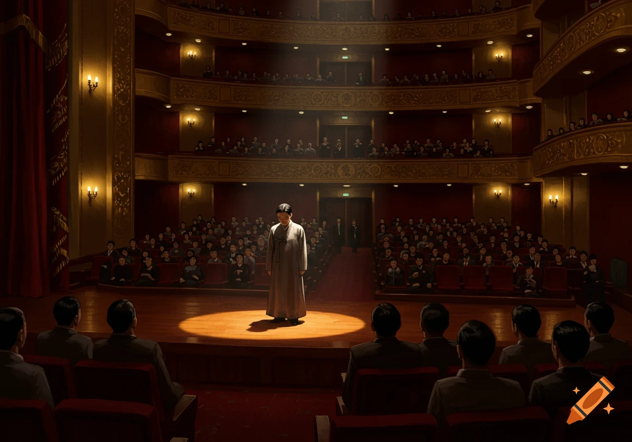 A man in traditional attire stands alone on a spotlighted stage in a grand, ornate theater, addressing a large audience.