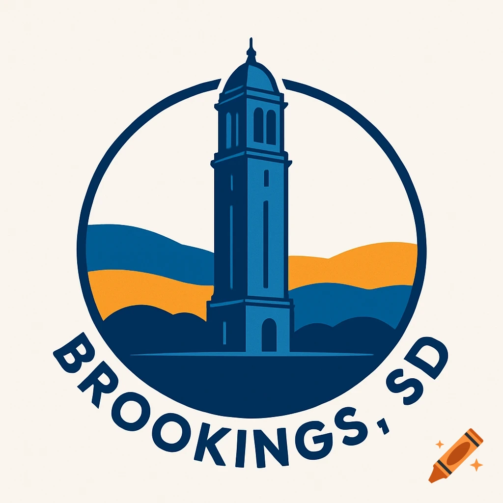 A circular blue and orange logo for Brookings, SD, featuring a central campanile tower and "BROOKINGS, SD" text.