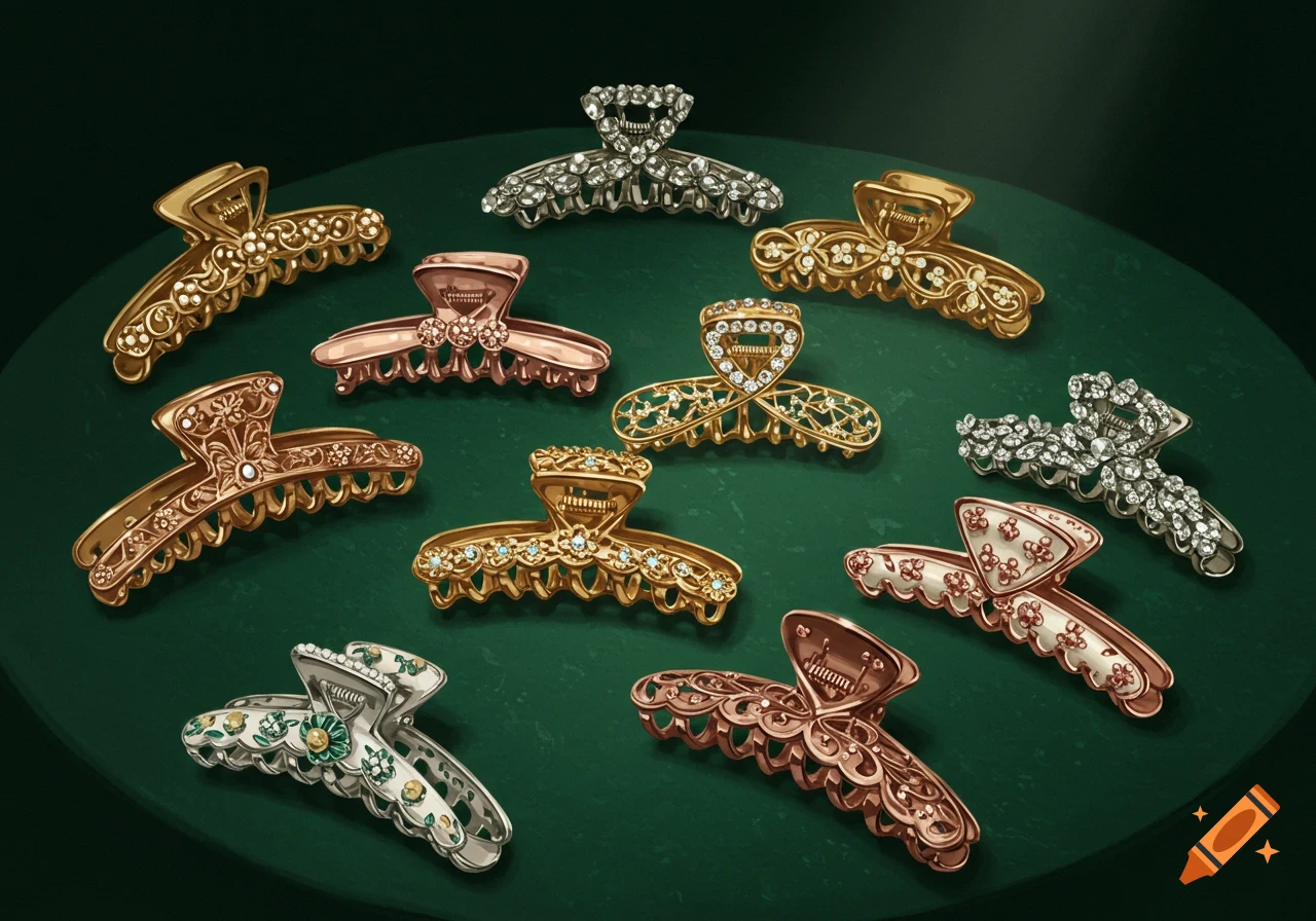 An array of ornate claw clips in gold, silver, and rose gold with gemstone and floral details, arranged on a dark green surface.
