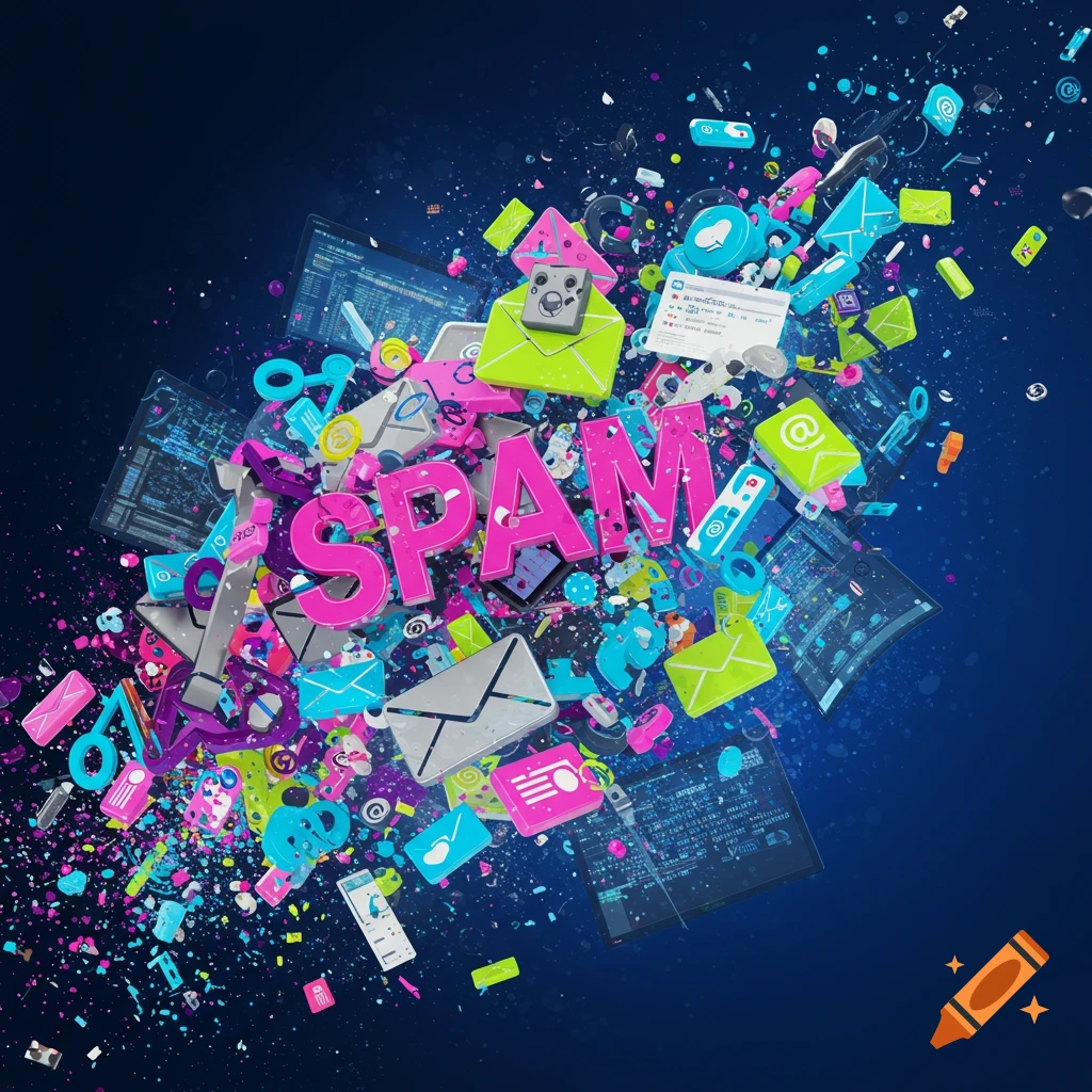 A vibrant digital art explosion with pink 'SPAM' text, emails, icons, and screens scattering against a dark blue background.