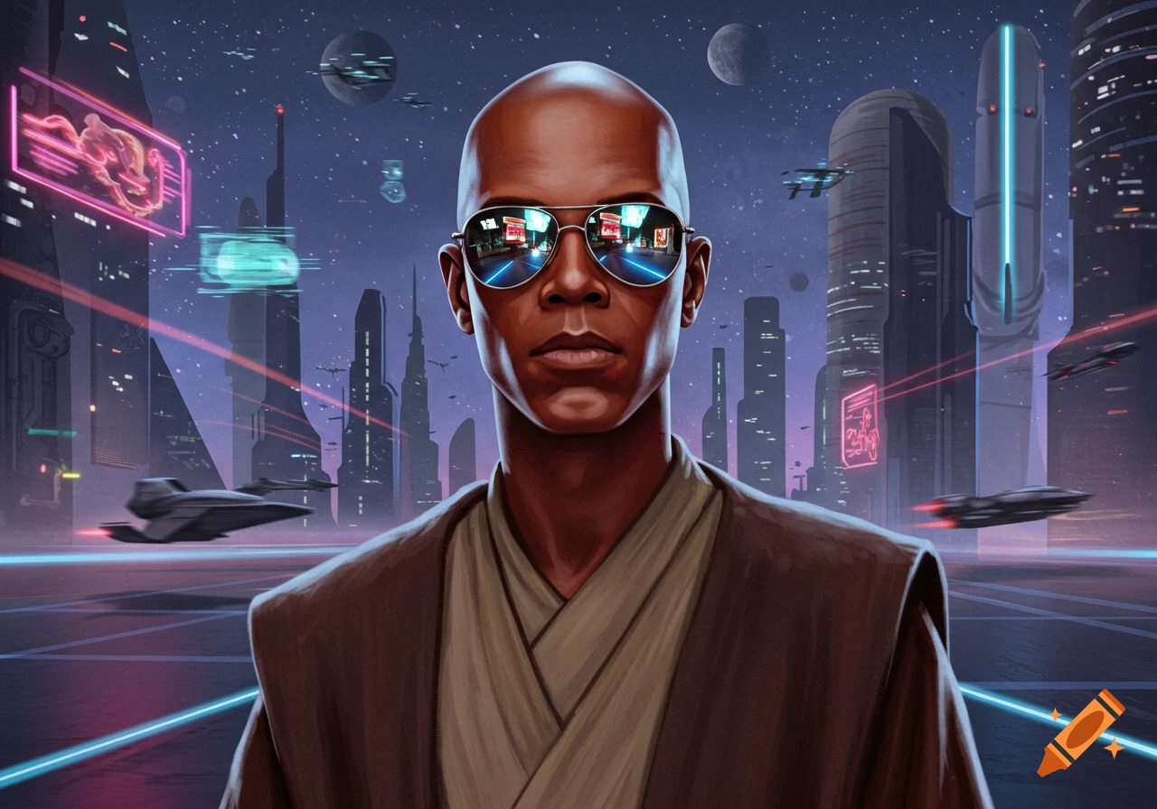 A bald man in sunglasses and a brown robe stands in a futuristic, neon-lit cityscape with flying vehicles, digital painting style.