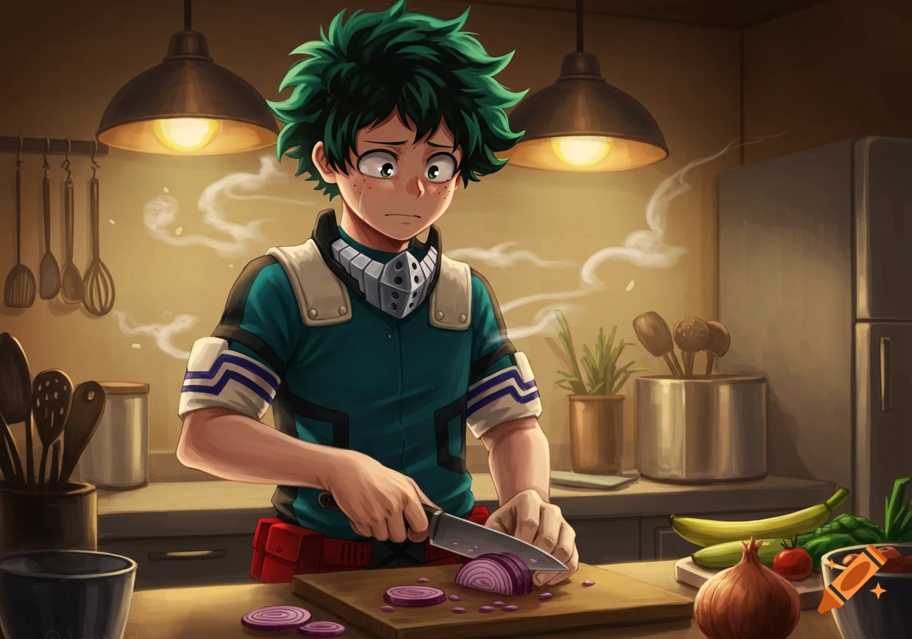 Anime character Deku from My Hero Academia cries while cutting purple onions on a wooden board in a kitchen.