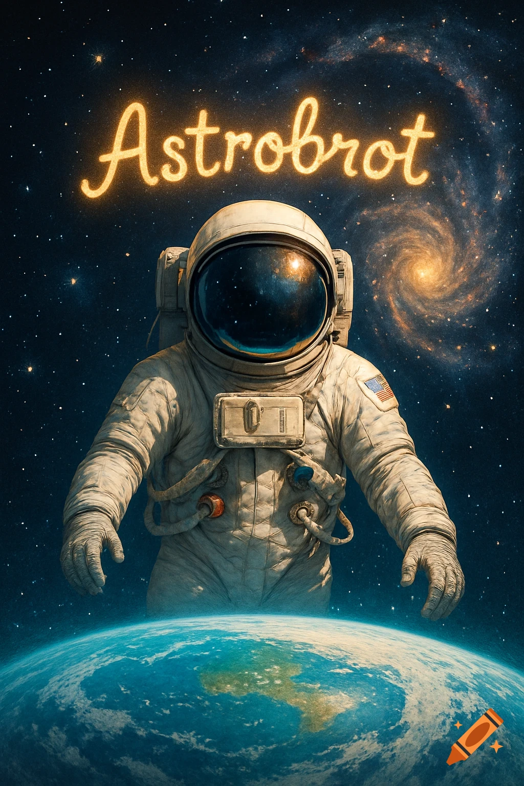 An astronaut in deep space floats above Earth, with a spiral galaxy behind and 'Astrobrot' text above their head.