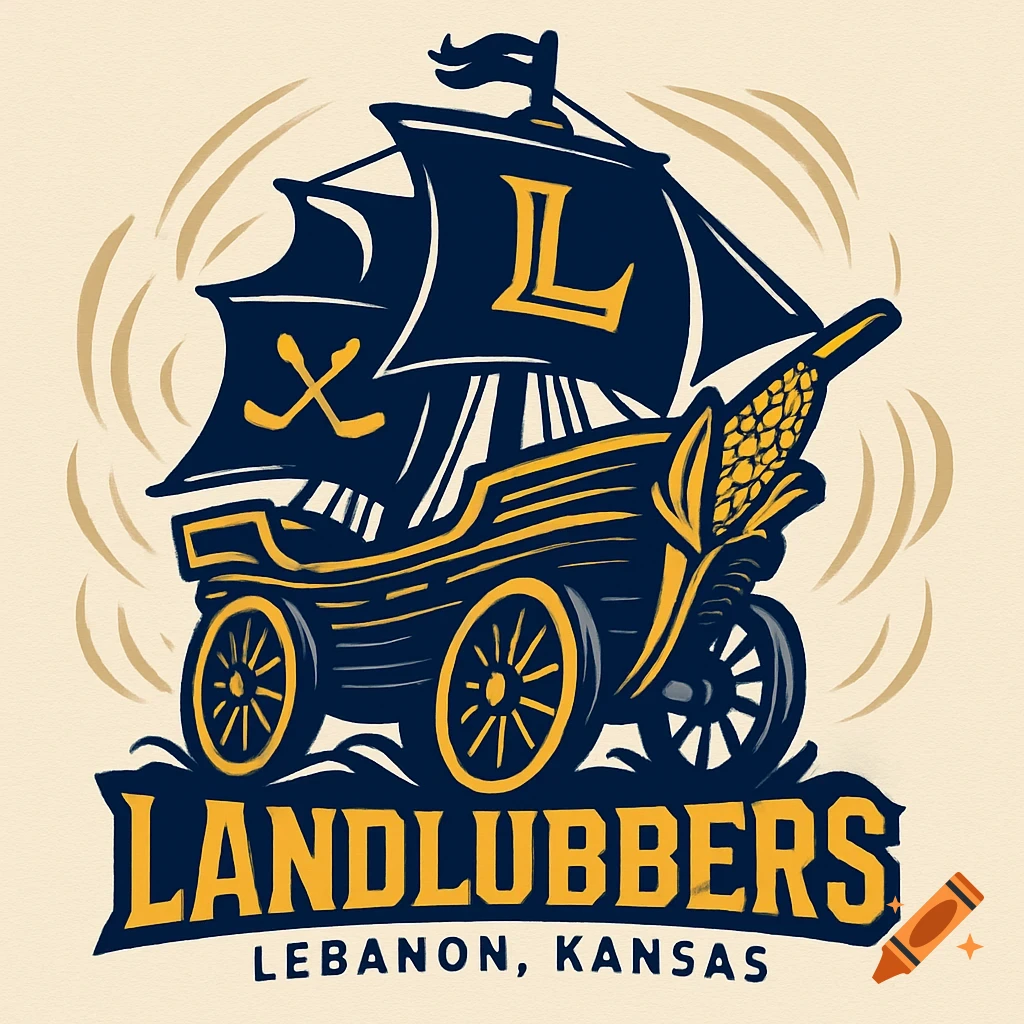 A vintage-style logo features a dark blue and gold pirate ship on wheels with a corn figurehead and hockey sticks on the sail. Text reads 'LANDLUBBERS LEBANON, KANSAS'.