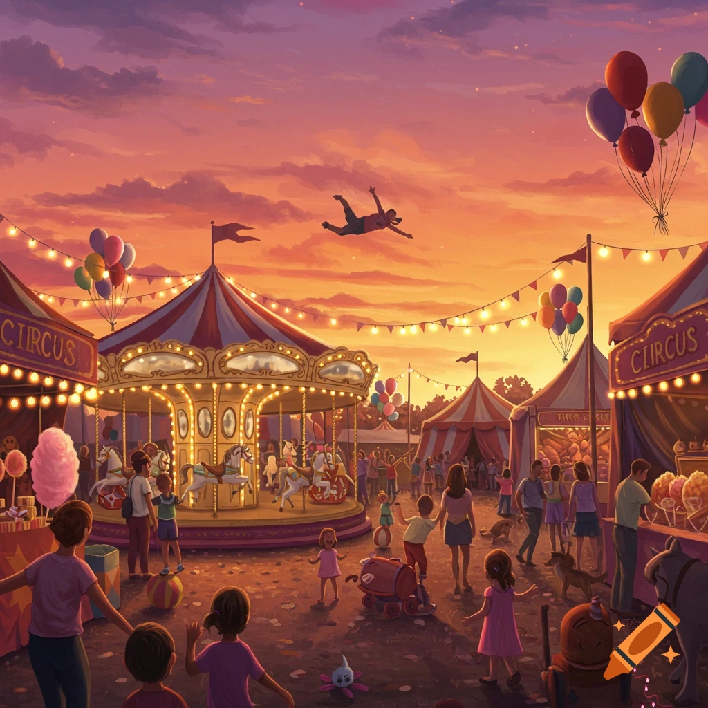A vibrant illustration of a bustling carnival at sunset, featuring a carousel, tents, people, and a person flying in the sky.