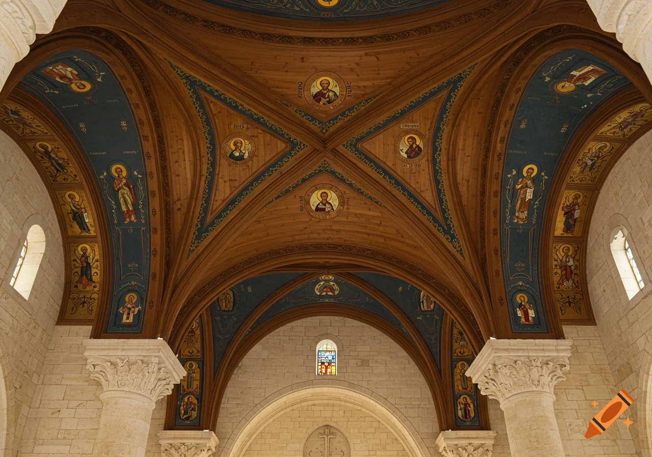 A Coptic Orthodox Church ceiling with ornate wooden beams, blue panels adorned with gold stenciling, and painted icons of apostles.
