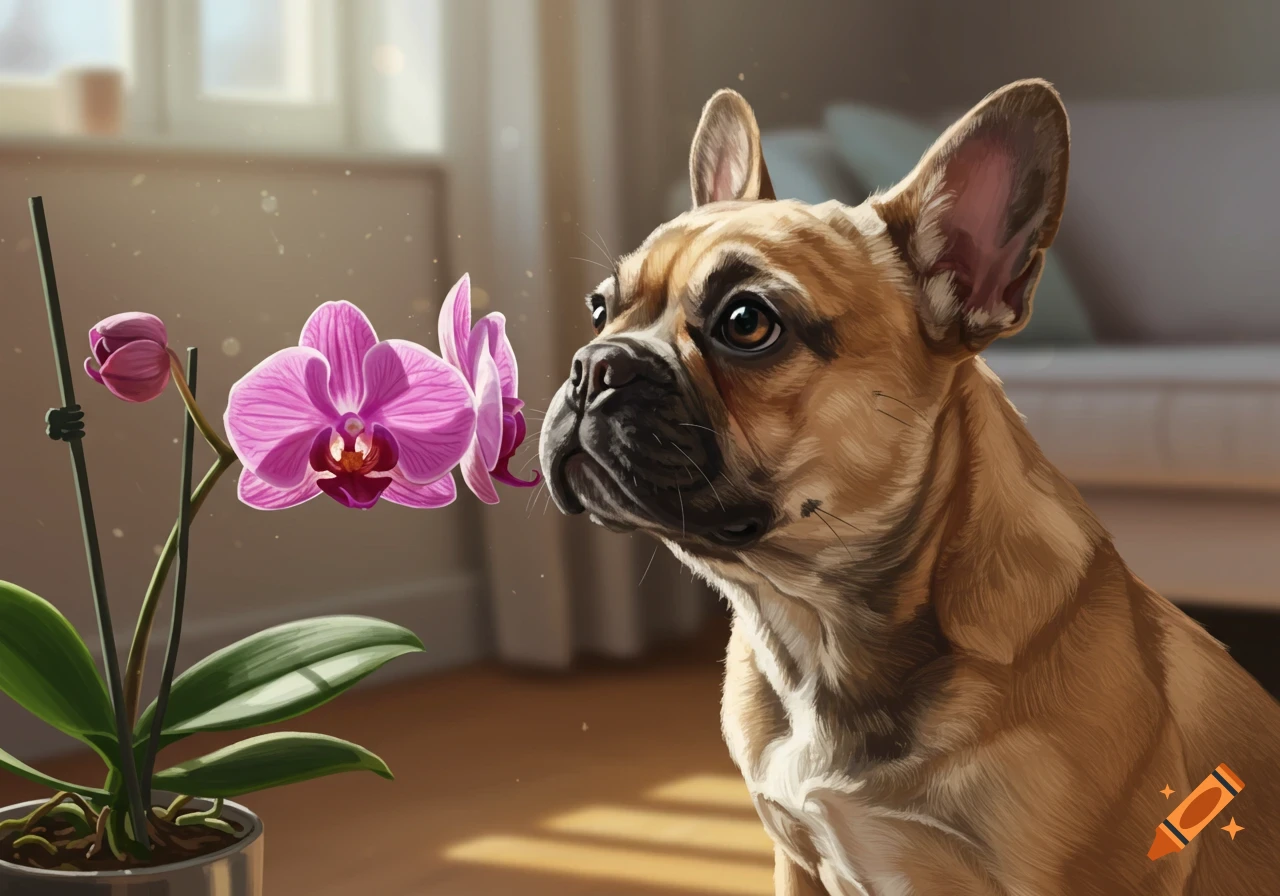 A cute French bulldog sniffs a vibrant pink orchid in a sunlit indoor setting, realistic art style.