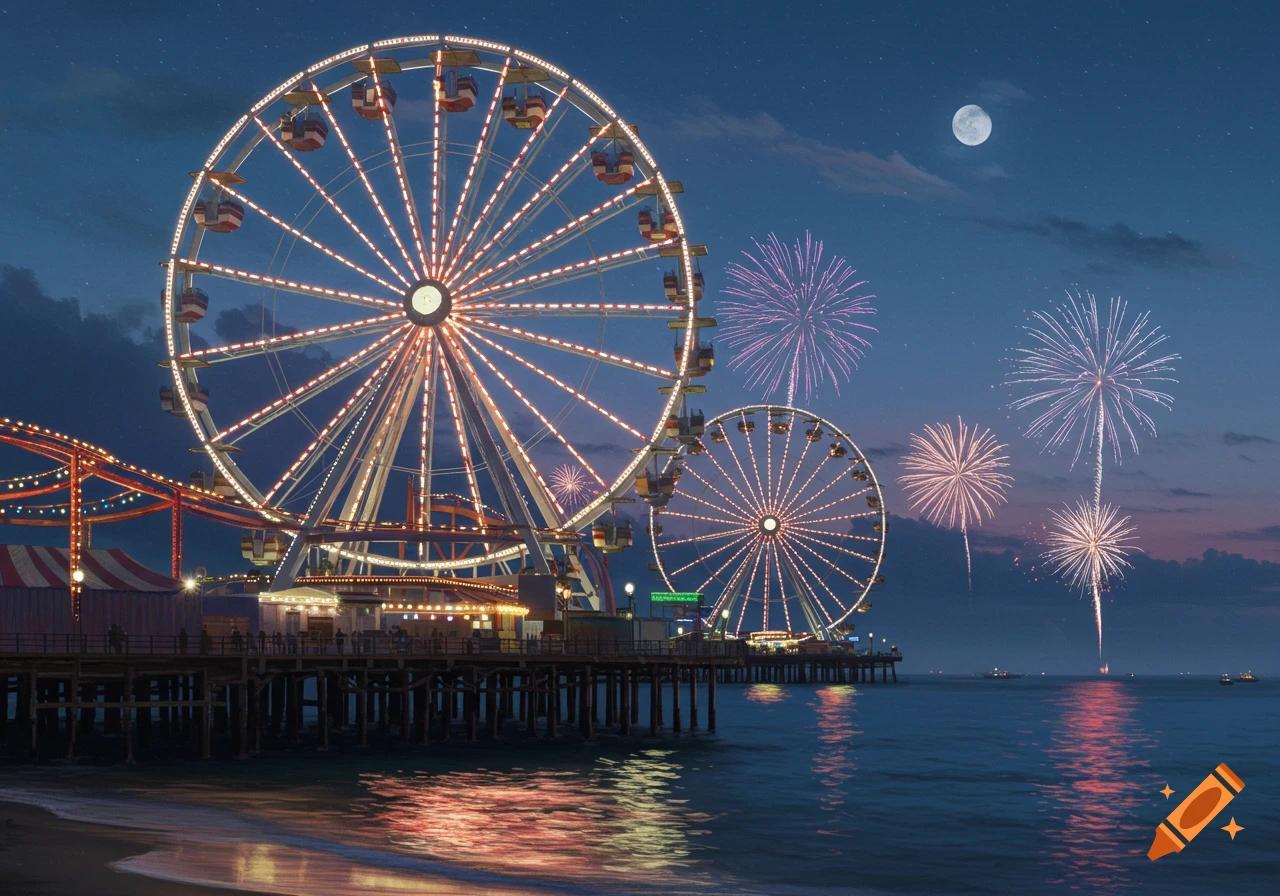 Photorealistic image of a pier at night with two lit-up Ferris wheels and fireworks exploding over the ocean under a full moon.