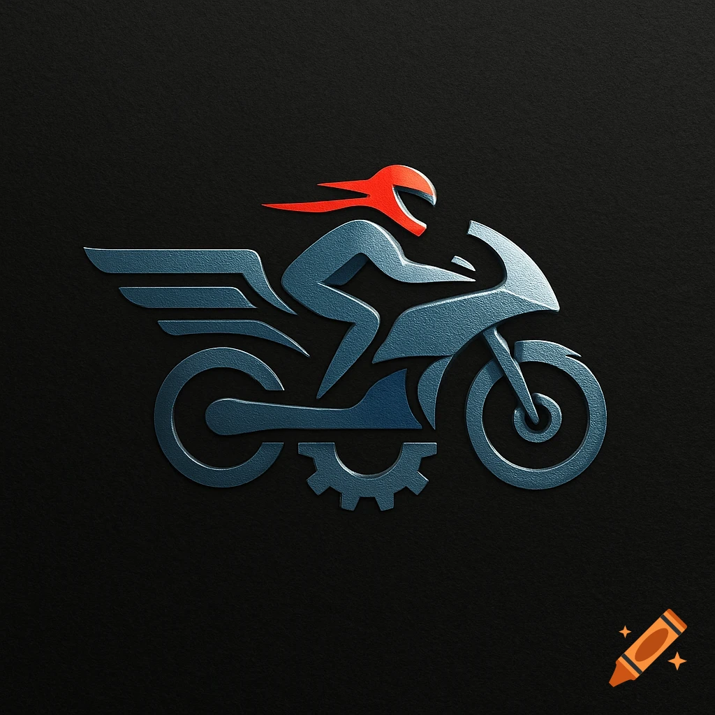 Stylized blue motorcycle logo with a rider in a red helmet, wings, and a gear element, embossed on a dark textured background.