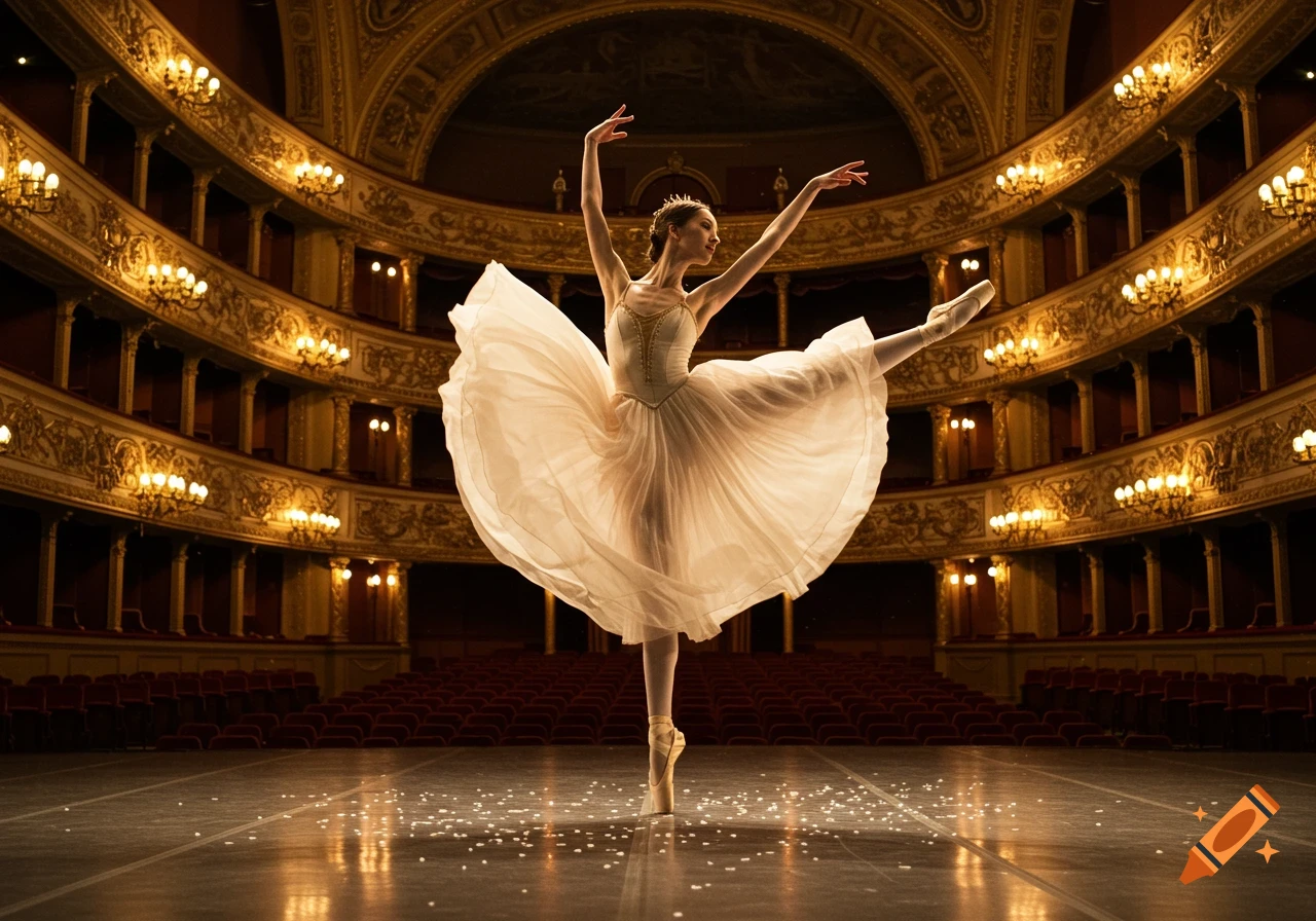 A ballerina in a white tutu balances en pointe on a grand stage in a richly decorated classical theater.
