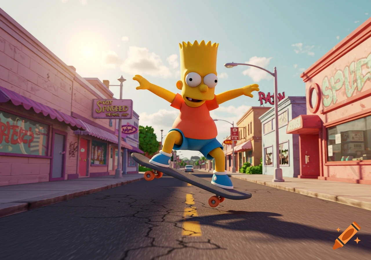 3D rendered Bart Simpson skateboarding down a cartoon street with buildings on either side.
