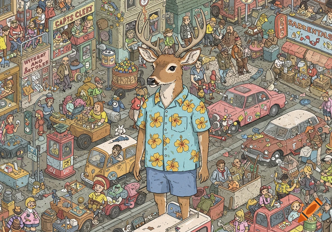 Busy 'Where's Waldo' style illustration of a deer in a Hawaiian shirt and shorts in a crowded urban street with people and cars.
