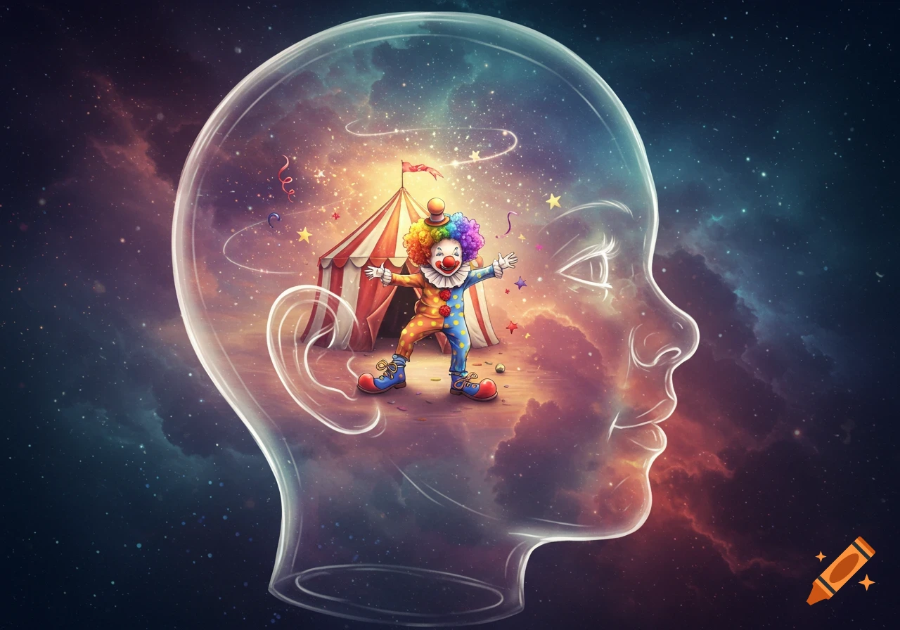 A transparent child's head outline with a colorful, smiling cartoon clown and circus tent inside, against a cosmic background.