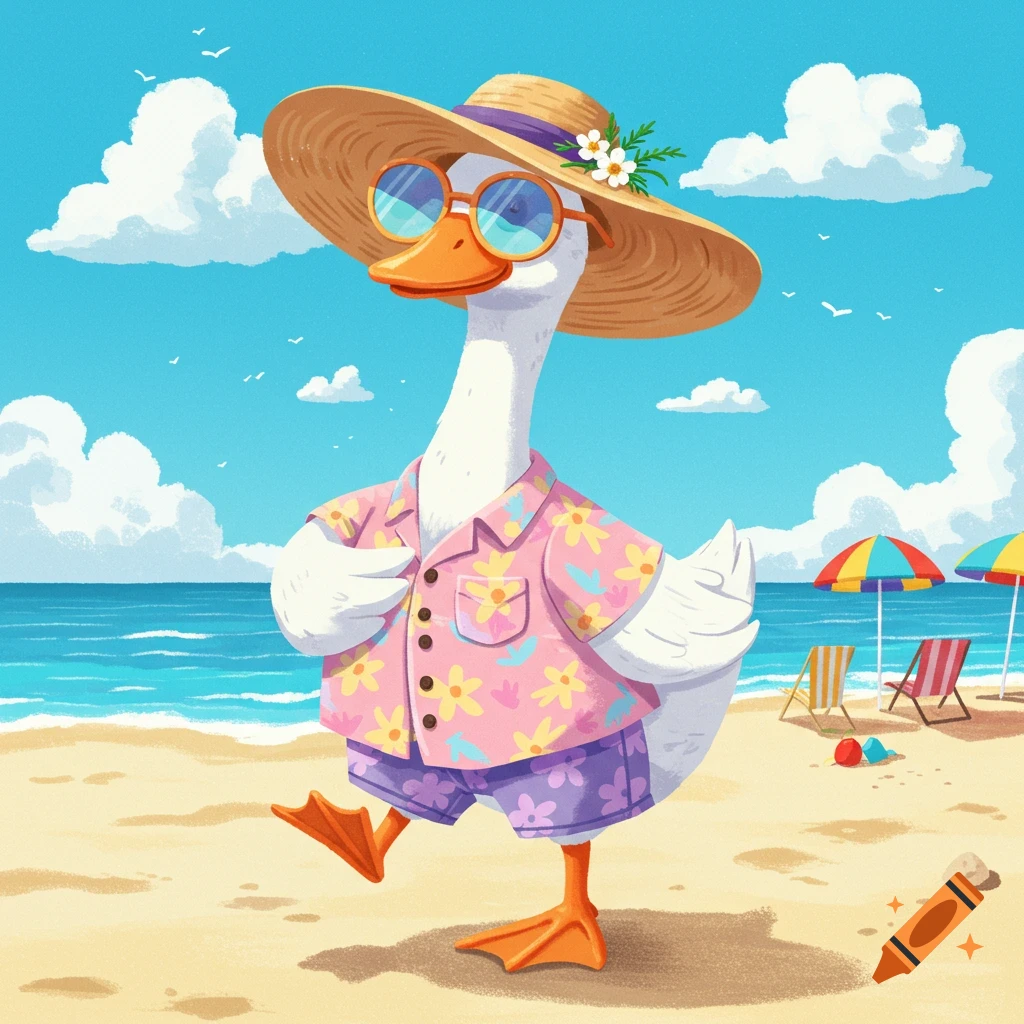 Cute animated cartoon goose in a straw hat, sunglasses, floral shirt, and shorts walks on a sandy beach with ocean and umbrellas.