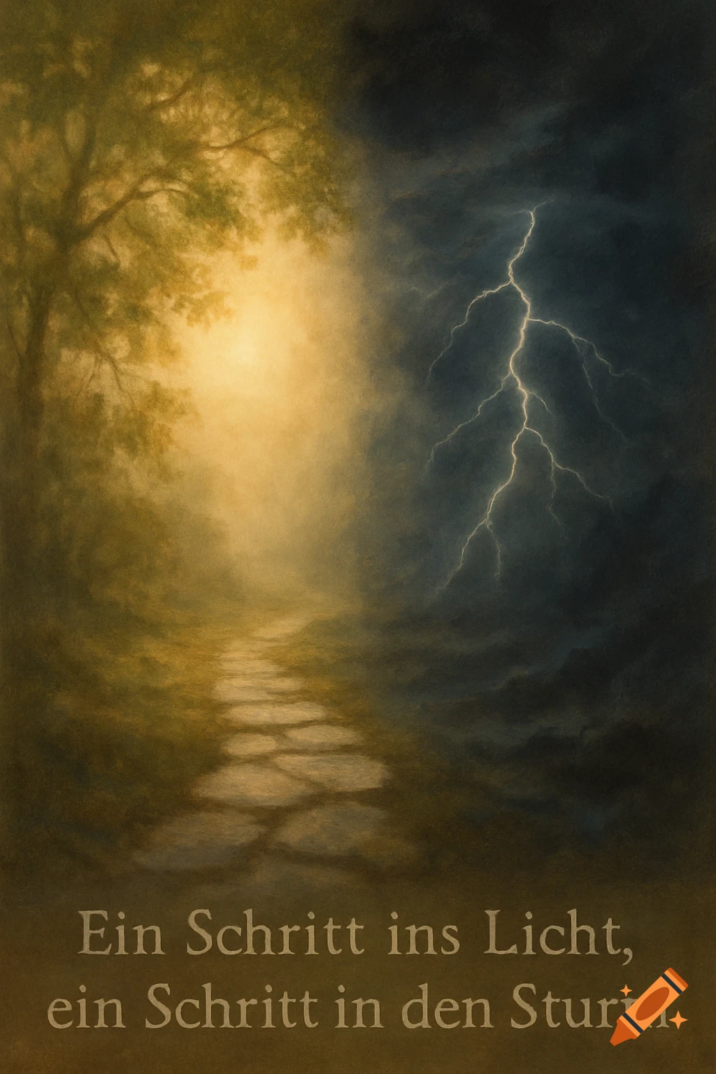 A painterly stone path divides a bright, serene tree-lined landscape from a dark, stormy sky with lightning, with German text.