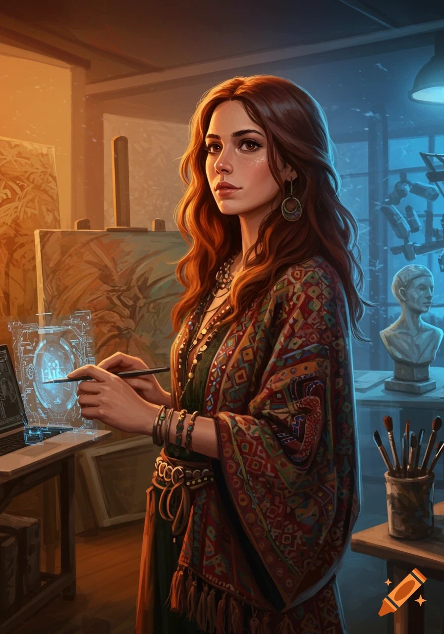 A woman with long red hair wearing a patterned robe interacts with a glowing holographic display in an artist's studio.