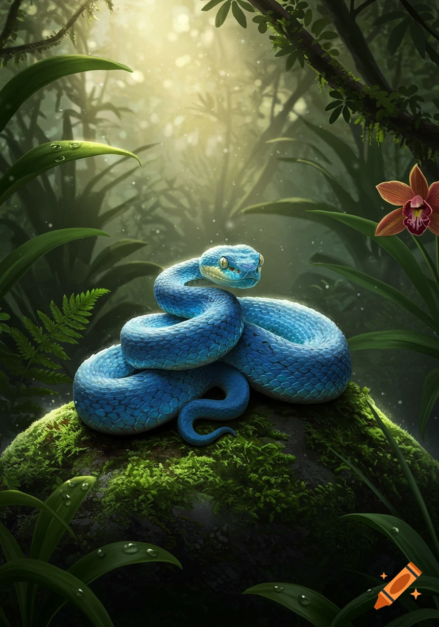 A vibrant blue snake with glowing eyes coiled on a mossy rock in a lush, sun-dappled jungle, with an orange orchid.
