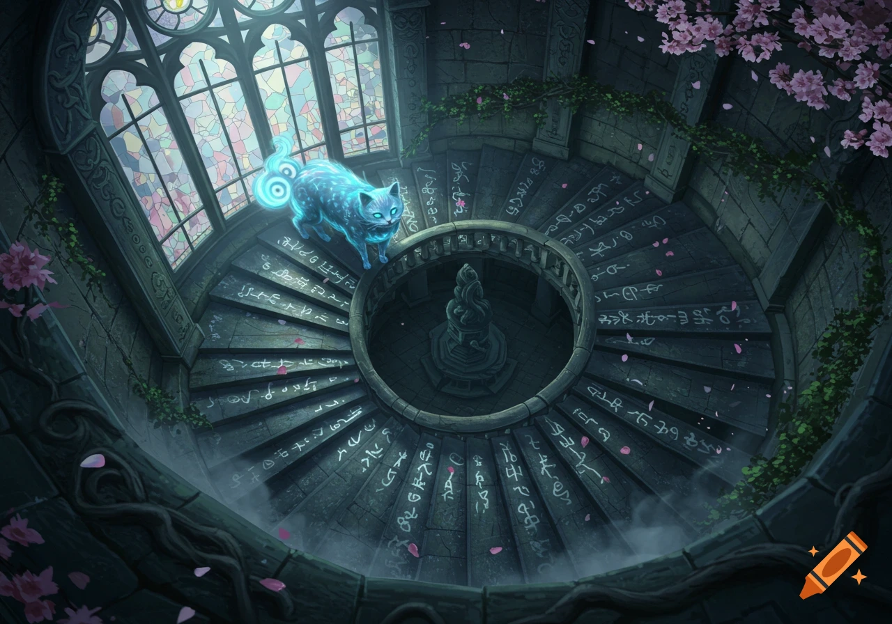 An ethereal blue spirit cat with a glowing tail walks up a spiral stone staircase adorned with magical glyphs, pink petals, and stained glass windows.