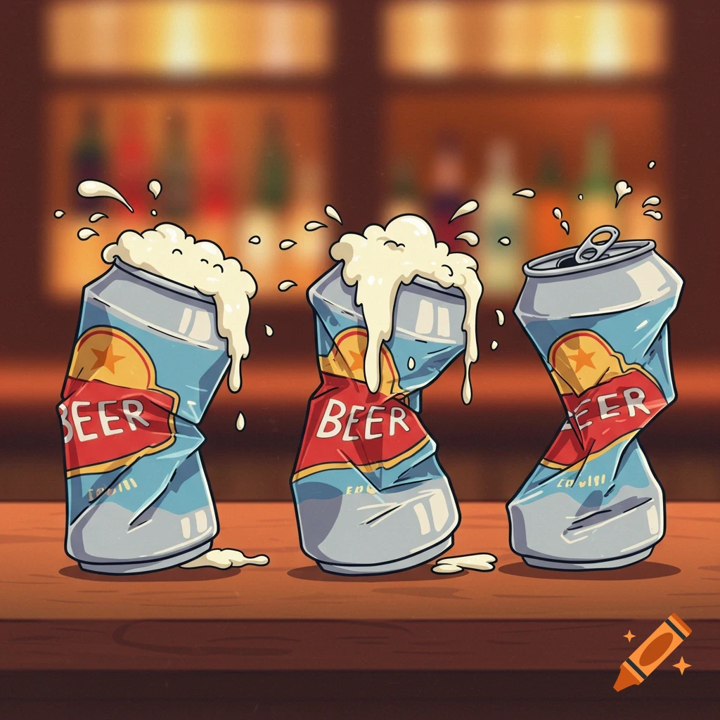 Cartoon of three crushed beer cans with foamy spills on a wooden bar counter.