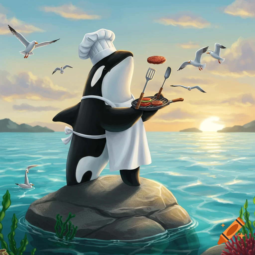 A cartoon orca chef wearing a chef's hat and apron stands on a rock in the ocean, grilling burgers at sunset, with seagulls flying around.
