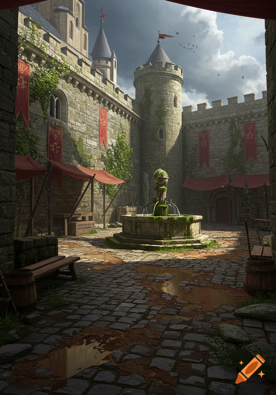 A detailed view of a stone castle courtyard with a mossy fountain, red banners, market stalls, and muddy cobblestones under a cloudy sky.