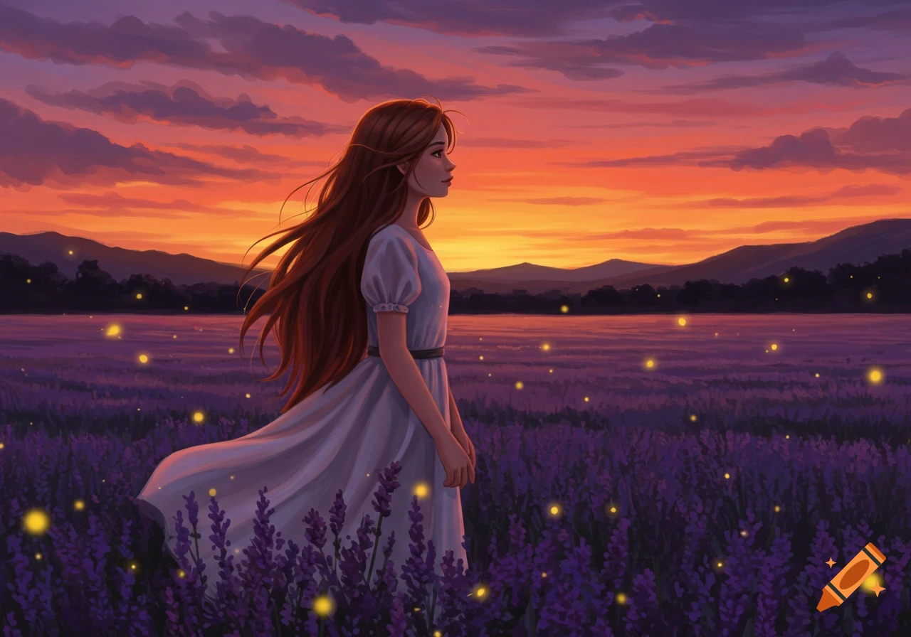 Digital painting of a young woman with long brown hair in a white dress ...