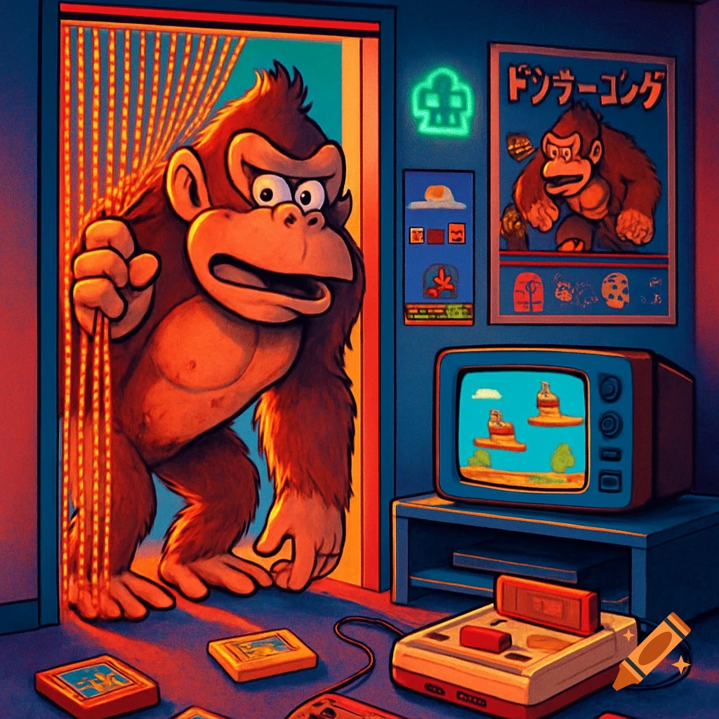 Cartoon Donkey Kong peeks from a doorway in a retro room with a Famicom console and TV playing a game.
