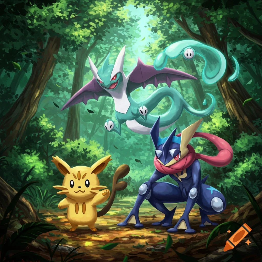 A yellow Pichu, blue Greninja, and a teal-purple bat-like creature flying in a vibrant forest.