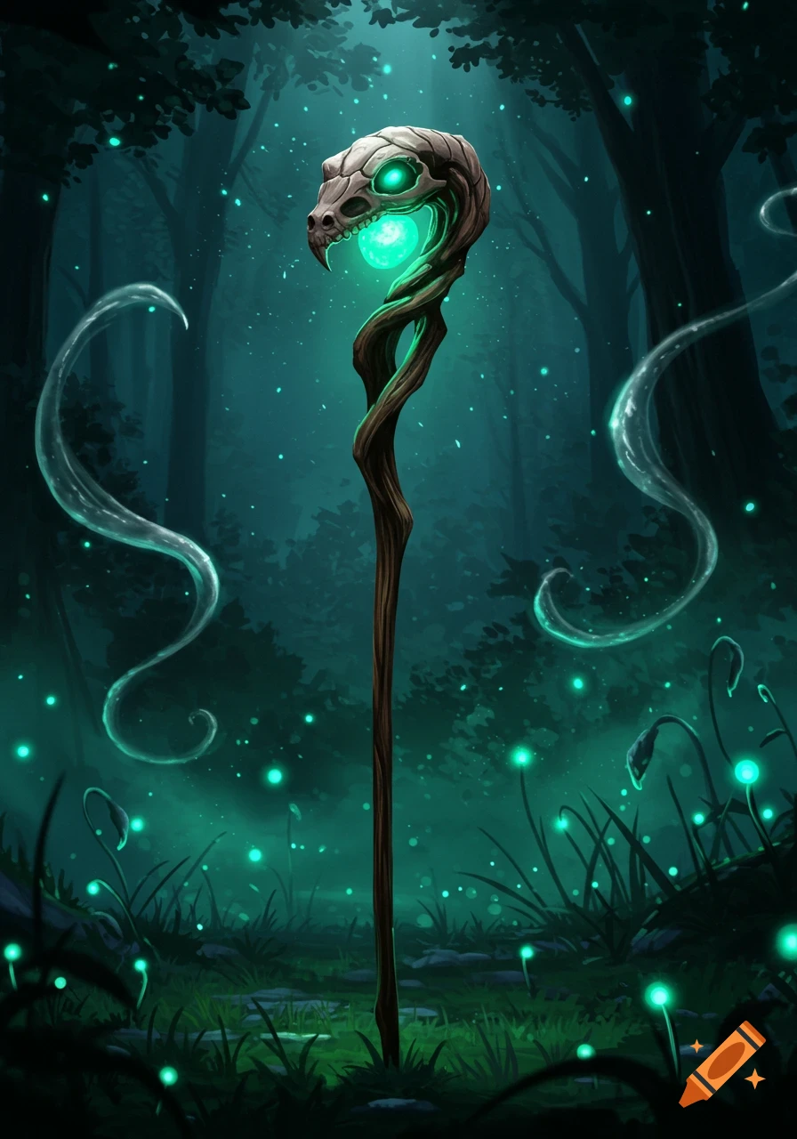 A mystical staff with a serpent skull head glowing with green energy, standing in a dark, enchanted forest.