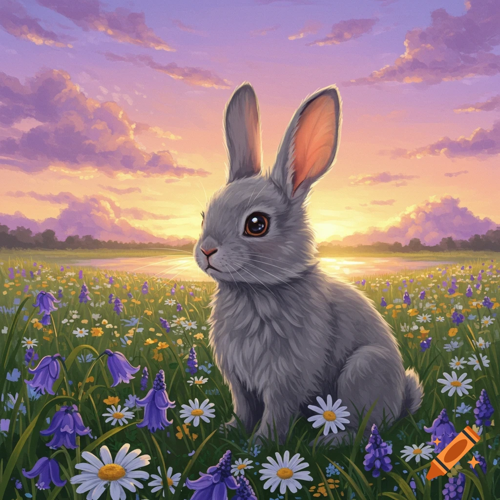 A fluffy gray rabbit sits in a field of purple and white wildflowers at sunset, with a golden sky.