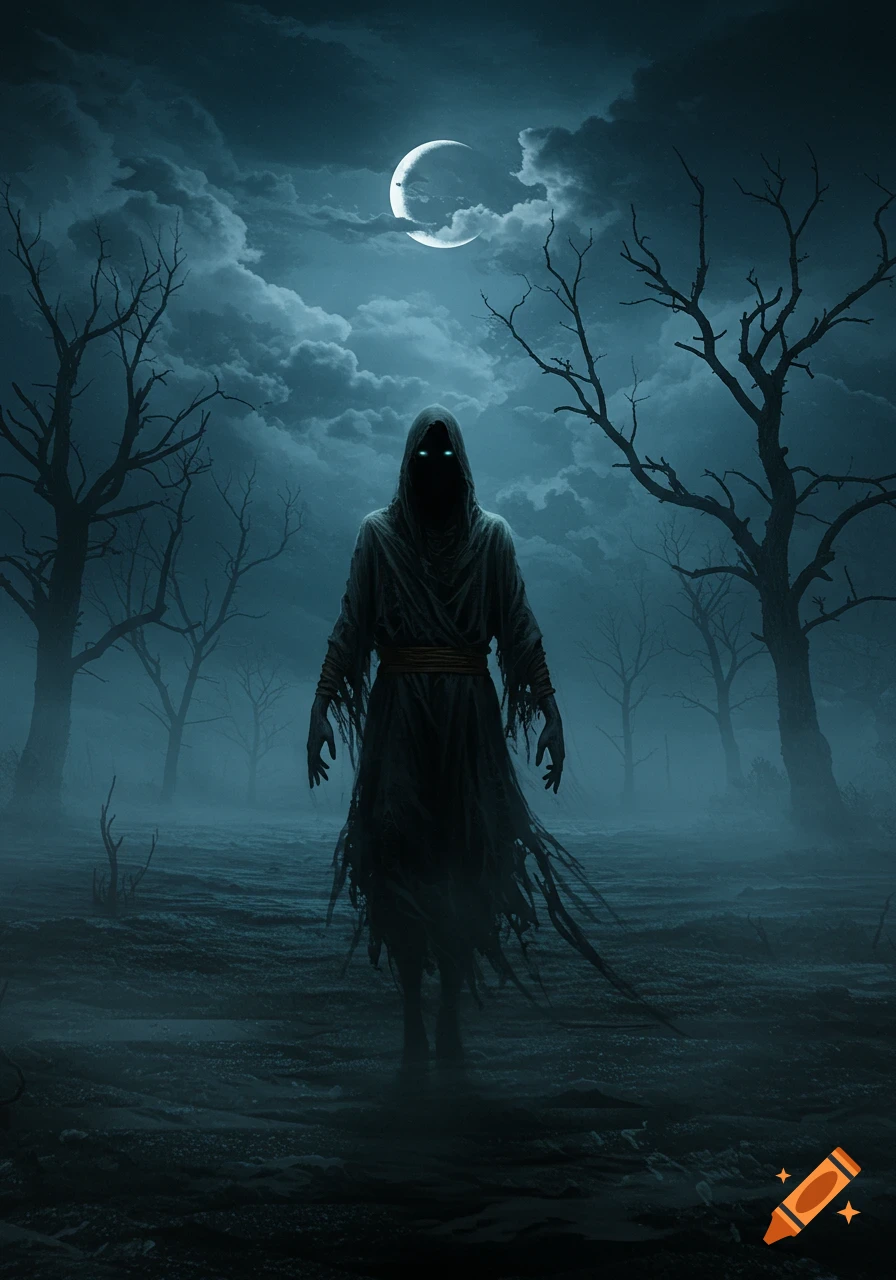 A dark, cloaked figure with glowing eyes stands in a misty, barren forest under a crescent moon, evoking dread in a dark fantasy style.