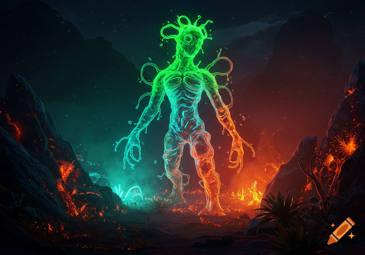 A glowing, amorphous green and orange monster stands in a dark, rocky landscape with fiery, lava-like pools.