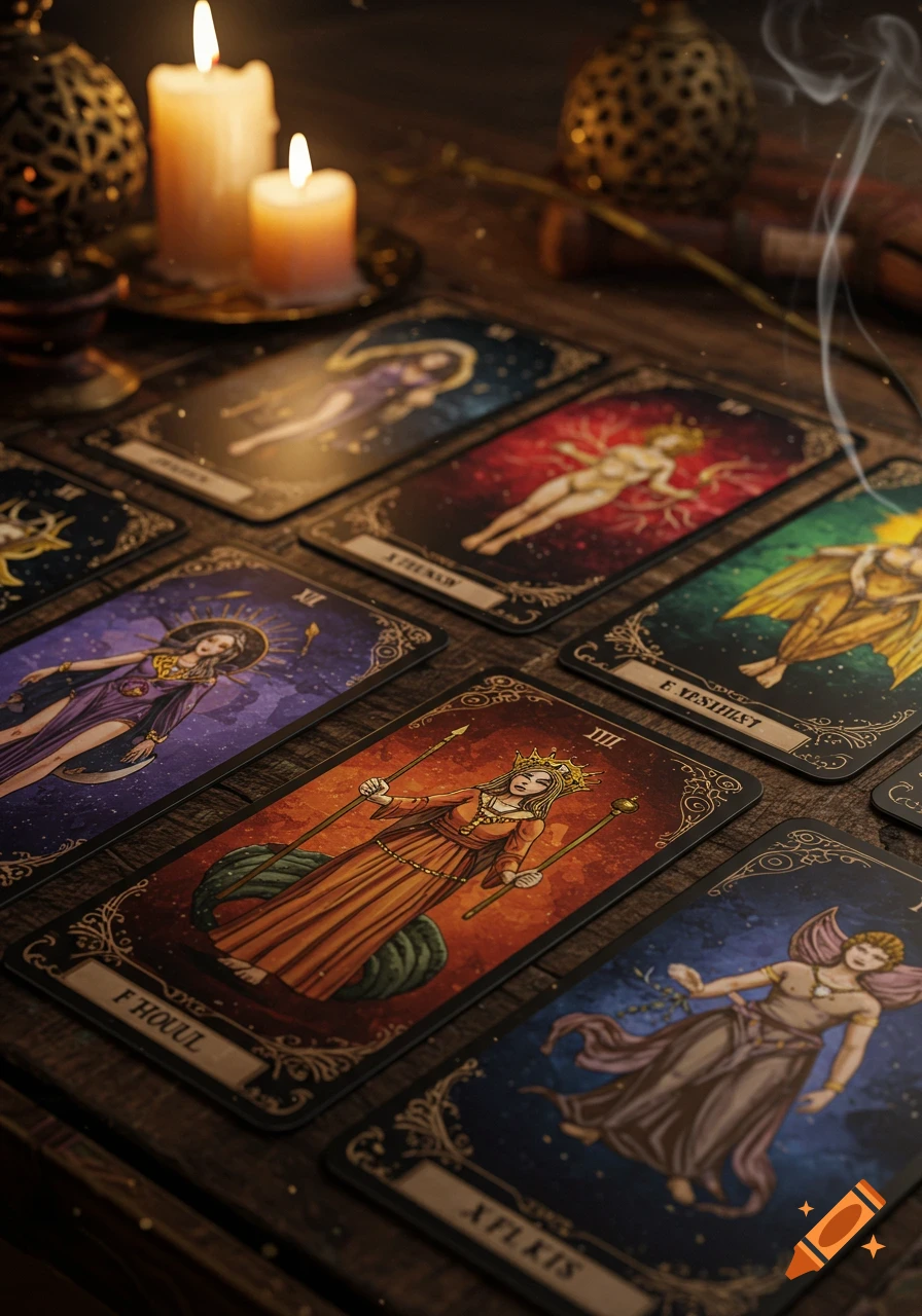 Close-up of illustrated tarot cards spread on a wooden table, lit by two glowing candles with smoke rising.