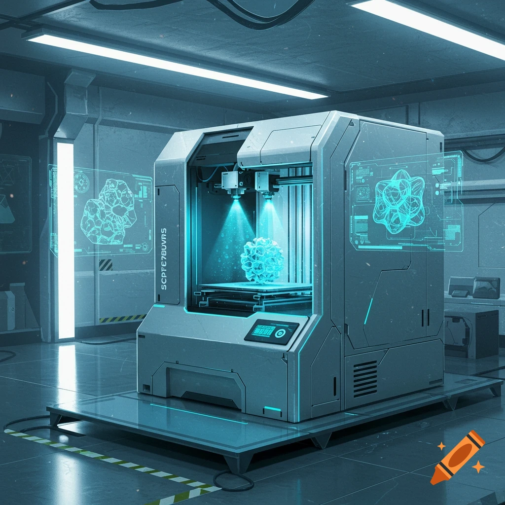 A futuristic 3D printer in a lab, illuminated by blue light, fabricating a complex crystalline structure.