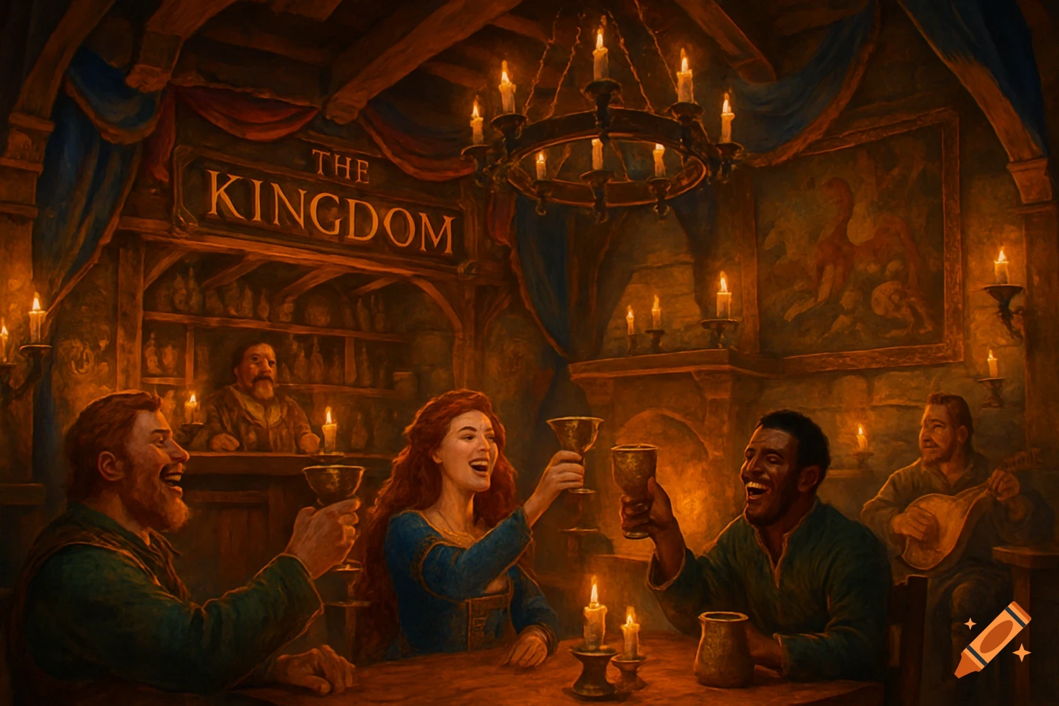 Laughing people in a candlelit medieval tavern, The Kingdom, drinking from goblets with a musician playing in the background.
